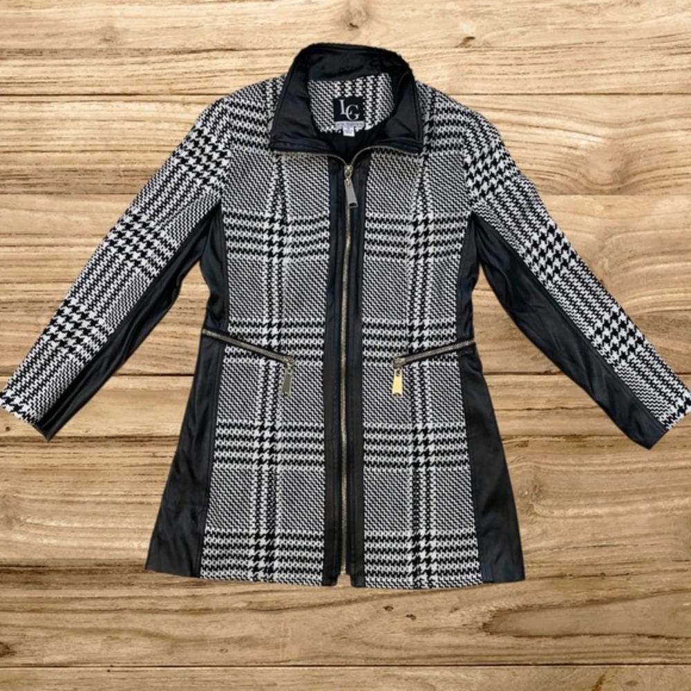 Lena Gabrielle Womens Sz 10 Houndstooth Faux Leather Trim Zip Jacket Black White